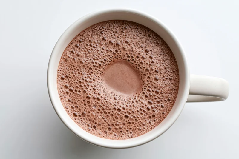 Overhead view of a white ceramic mug filled with frothy hot chocolate on a plain white surface