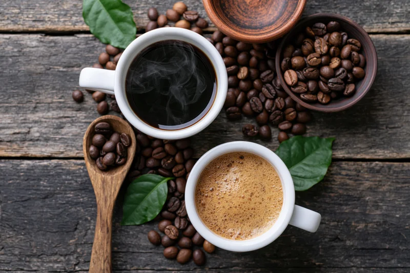 Two white ceramic coffee cups with steam and coffee beans arranged on a dark wooden table with green leaves and a wooden spoon