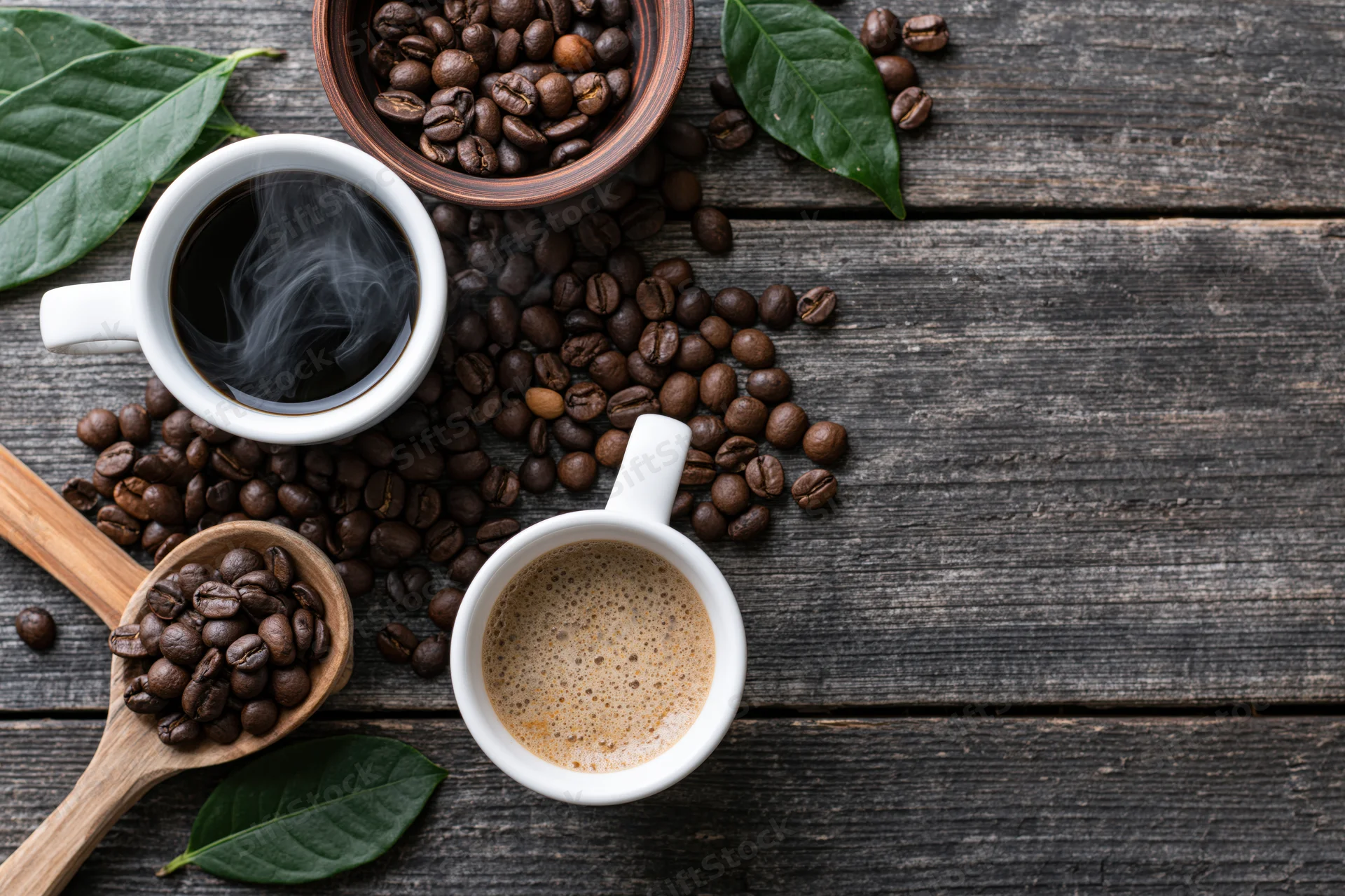 Two white ceramic coffee cups with steam and froth on a dark wooden table surrounded by coffee beans, leaves, and a wooden spoon in a flat lay arrangement