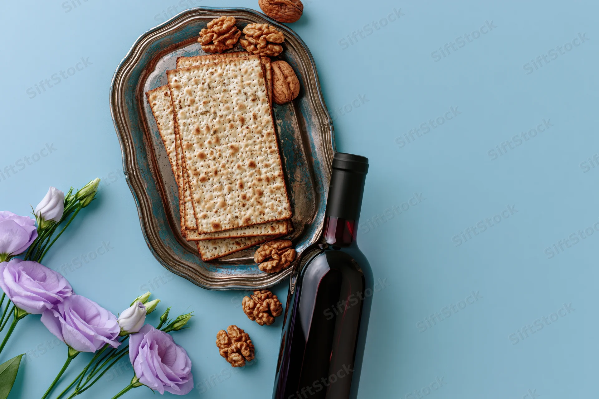 Matzah crackers and wine on a silver tray with flowers and walnuts for passover seder flat lay