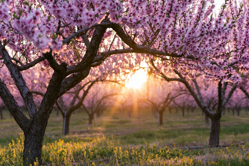 Peach trees in full bloom lining a field at golden hour with sun glowing through branches