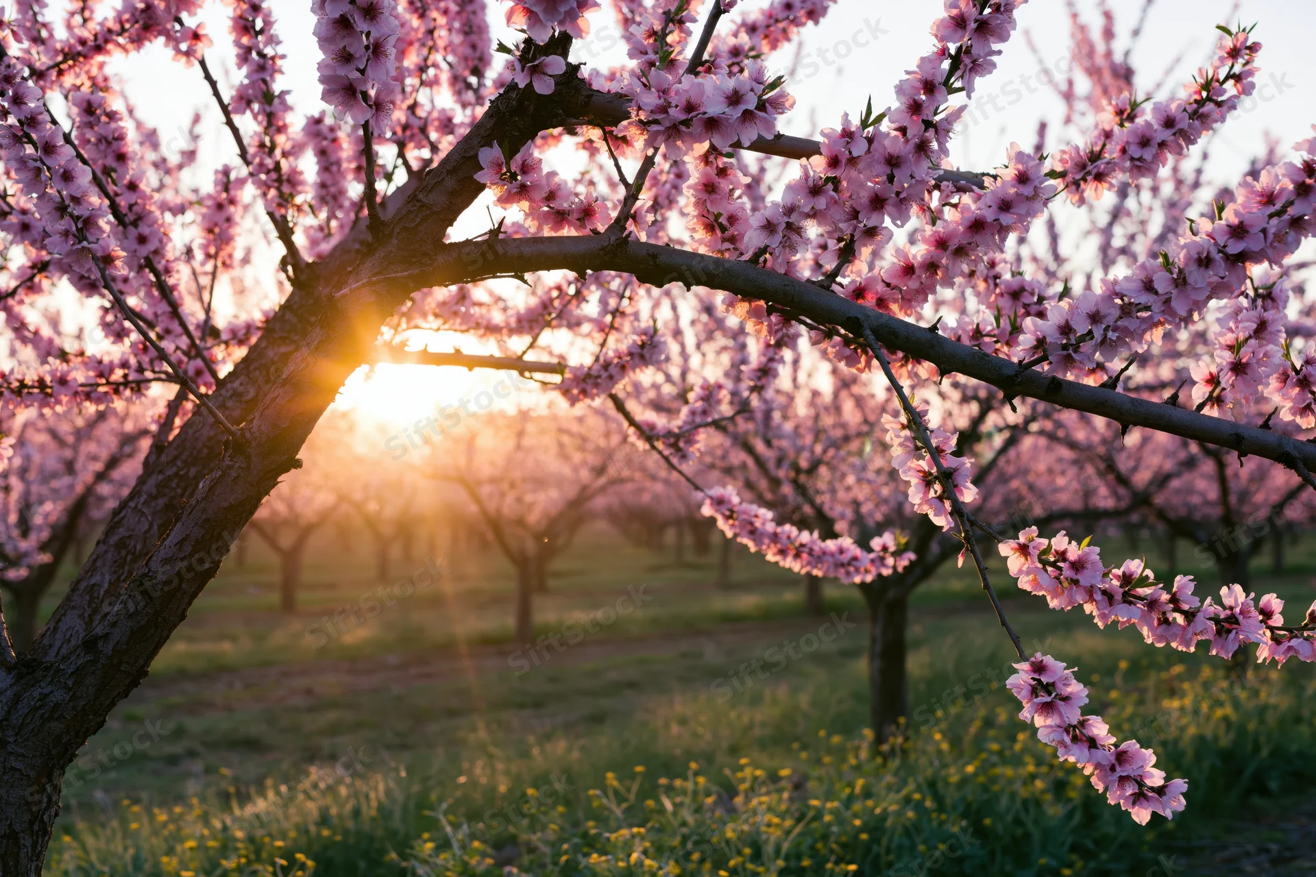 Peach tree branches covered in pink blossoms during golden hour in an orchard field