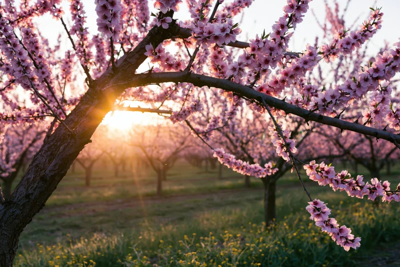 Peach tree branches covered in pink blossoms during golden hour in an orchard field