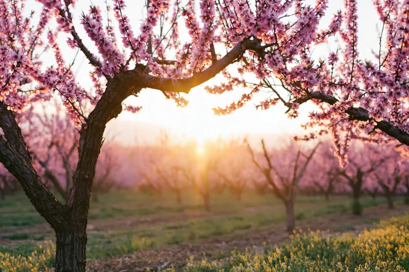 Peach trees in full bloom at golden hour in an orchard field