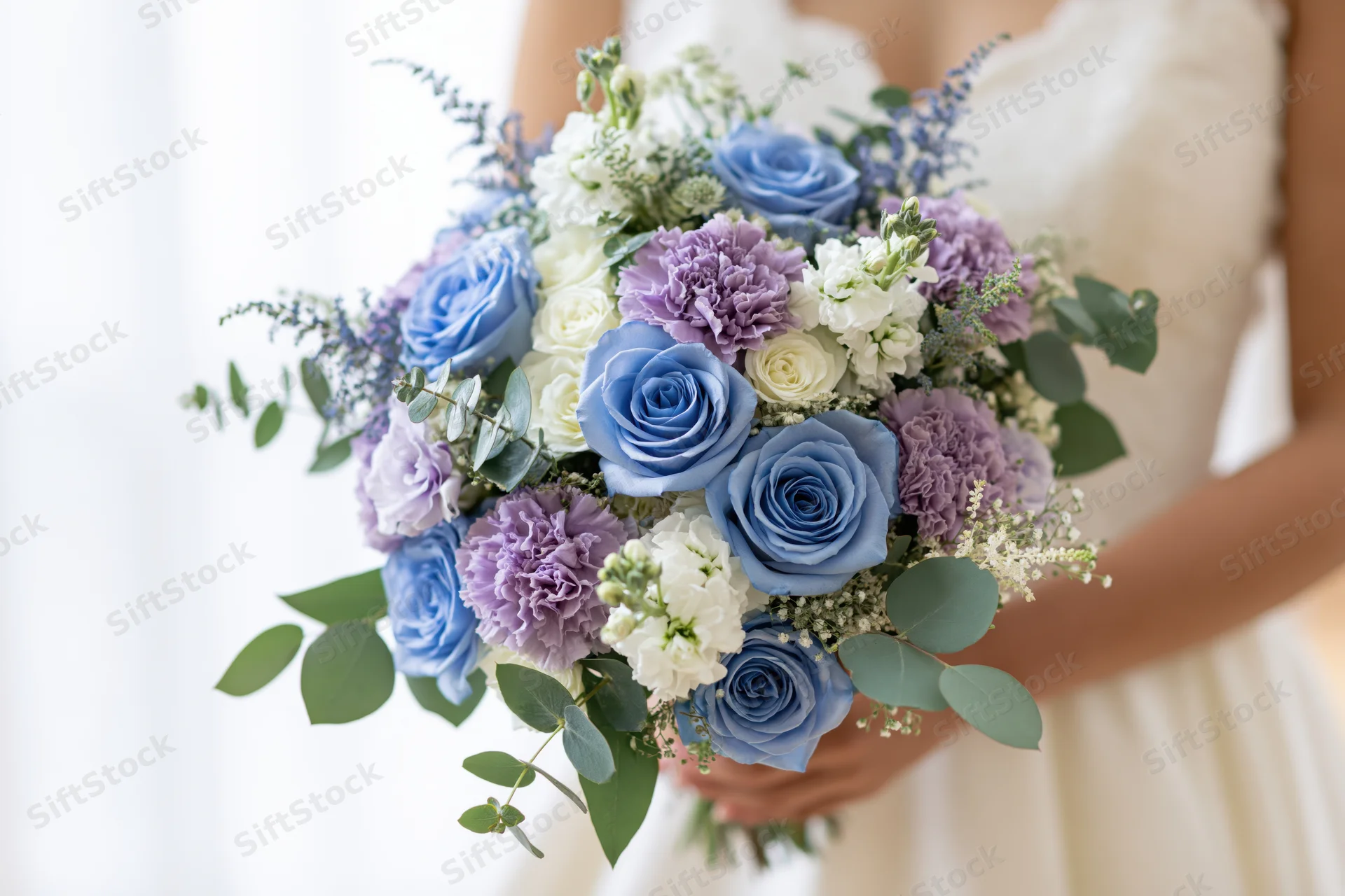 Bride holding a lush bridal bouquet of blue roses and lavender flowers with greenery