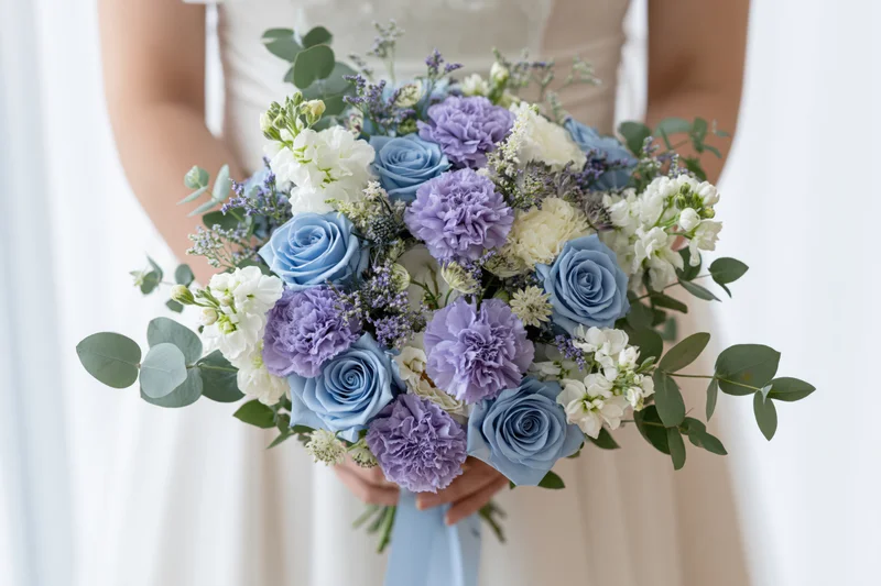 Bride holding a lush bridal bouquet of blue roses and lavender flowers