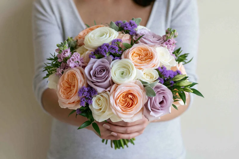 Woman holding a lush mixed flower bouquet with peach garden roses and lavender greenery
