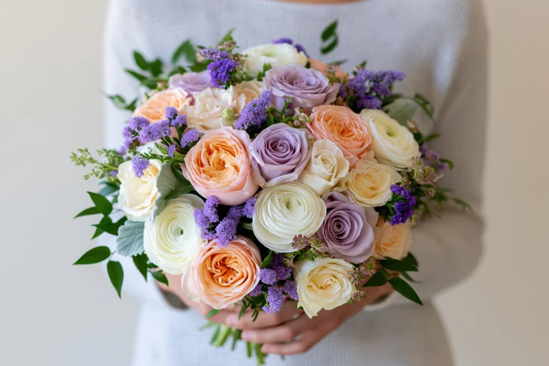 Woman holding a lush mixed flower bouquet with peach, lavender, and white roses and greenery