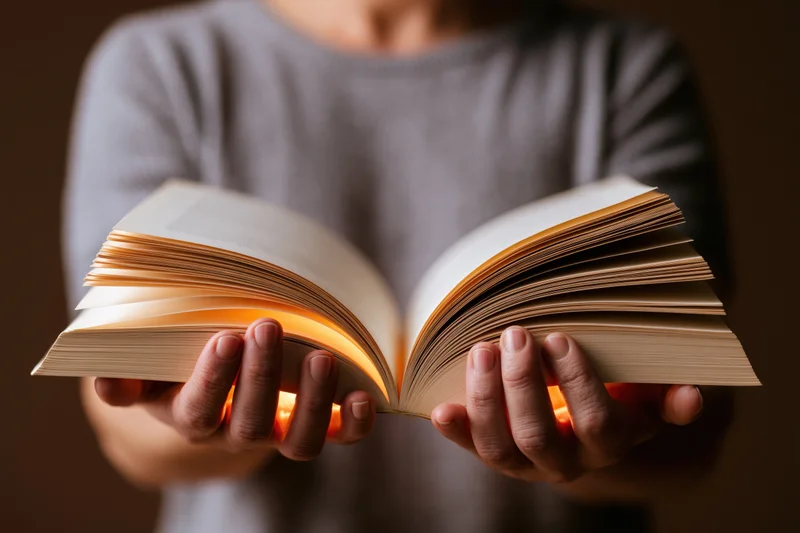 Woman holding open book with glowing pages in dim indoor setting