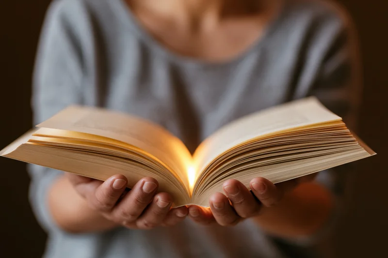 Woman holding open book with glowing pages indoors