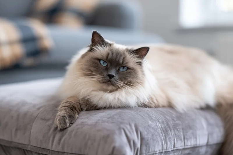 Ragdoll cat resting on grey velvet cushion in living room