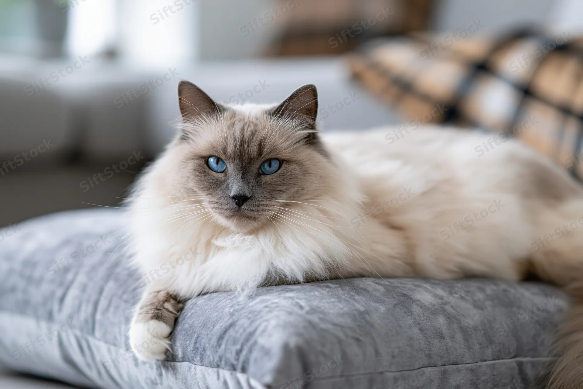Ragdoll cat resting on grey velvet cushion in living room