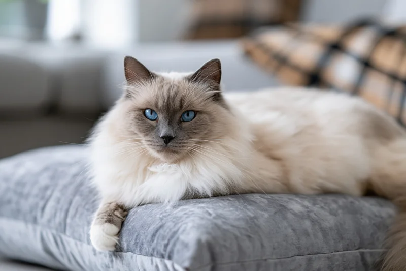 Ragdoll cat resting on grey velvet cushion in living room