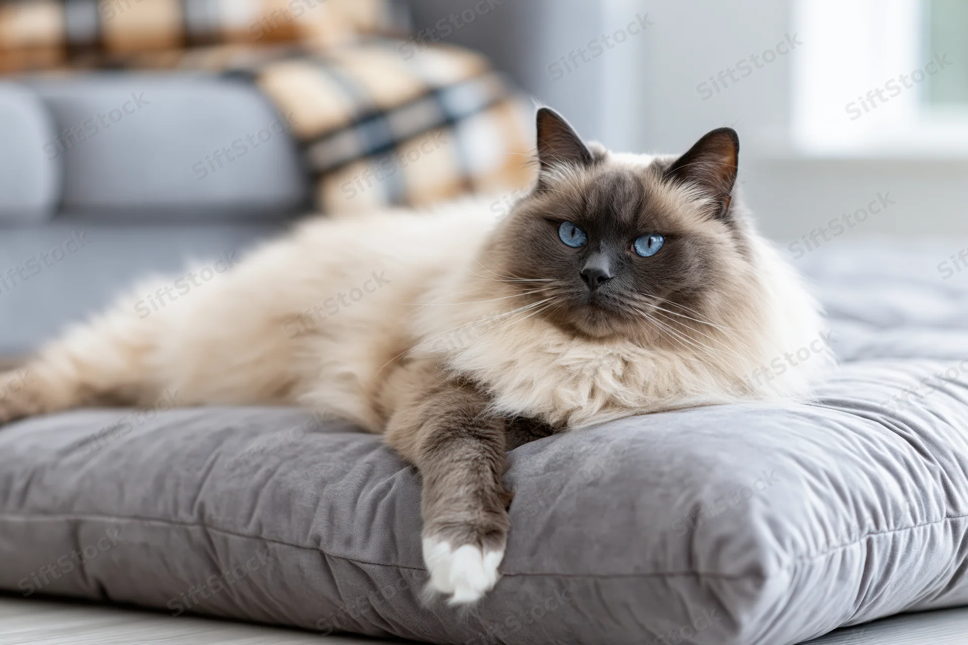 Ragdoll cat resting on grey velvet floor cushion in living room