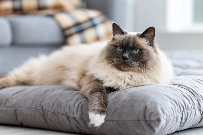Ragdoll cat resting on grey velvet floor cushion in living room