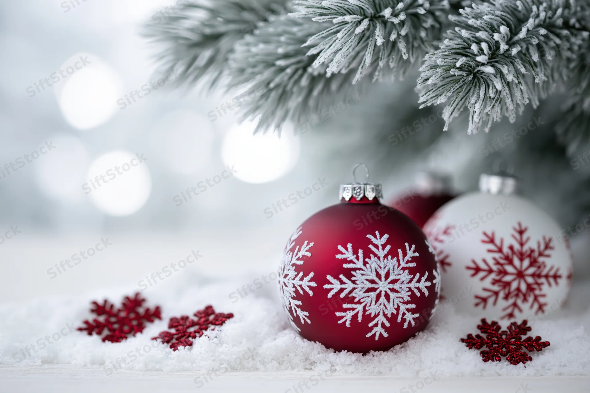 Red and white snowflake ornaments resting on snow beneath frosted pine branches