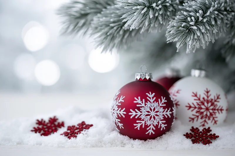 Red and white snowflake ornaments resting on snow beneath frosted pine branches