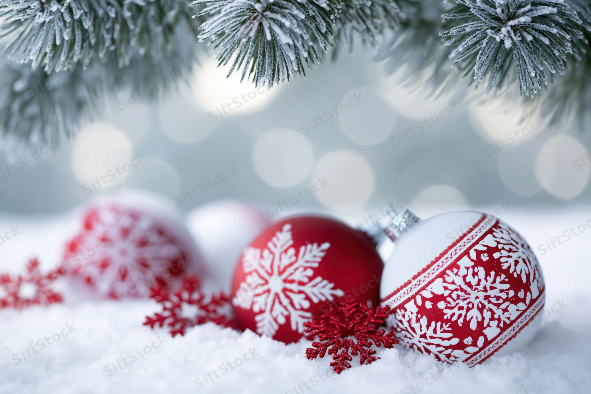 Red and white snowflake-patterned christmas ornaments resting in snow beneath frosted pine branches