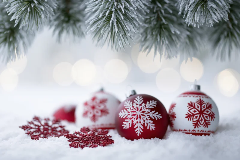 Red and white snowflake ornaments resting on snow beneath frosted pine branches with bokeh lights in background
