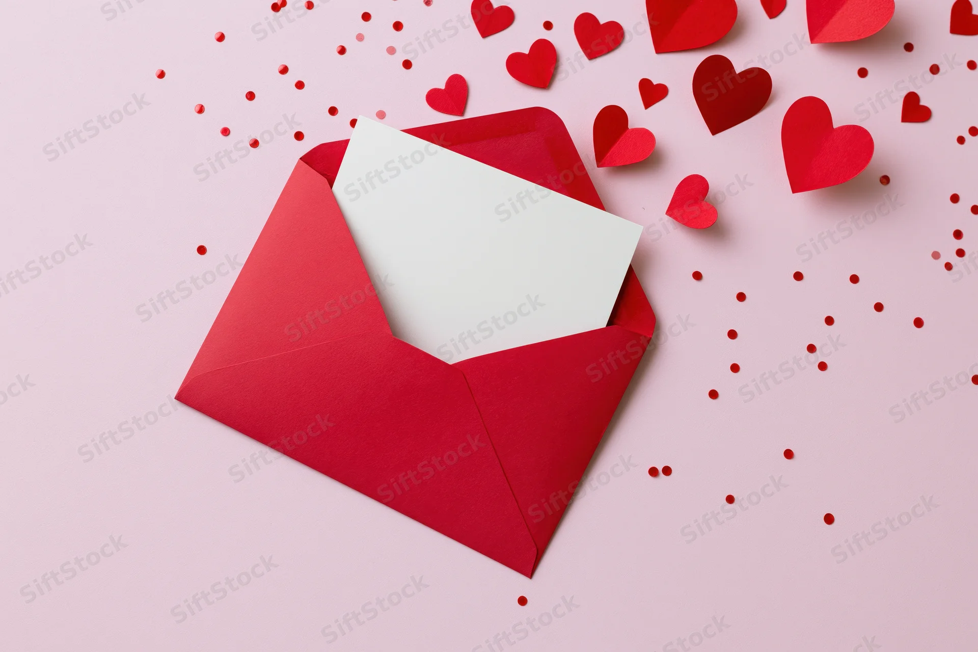 Open red envelope with white card and scattered paper hearts on pink surface