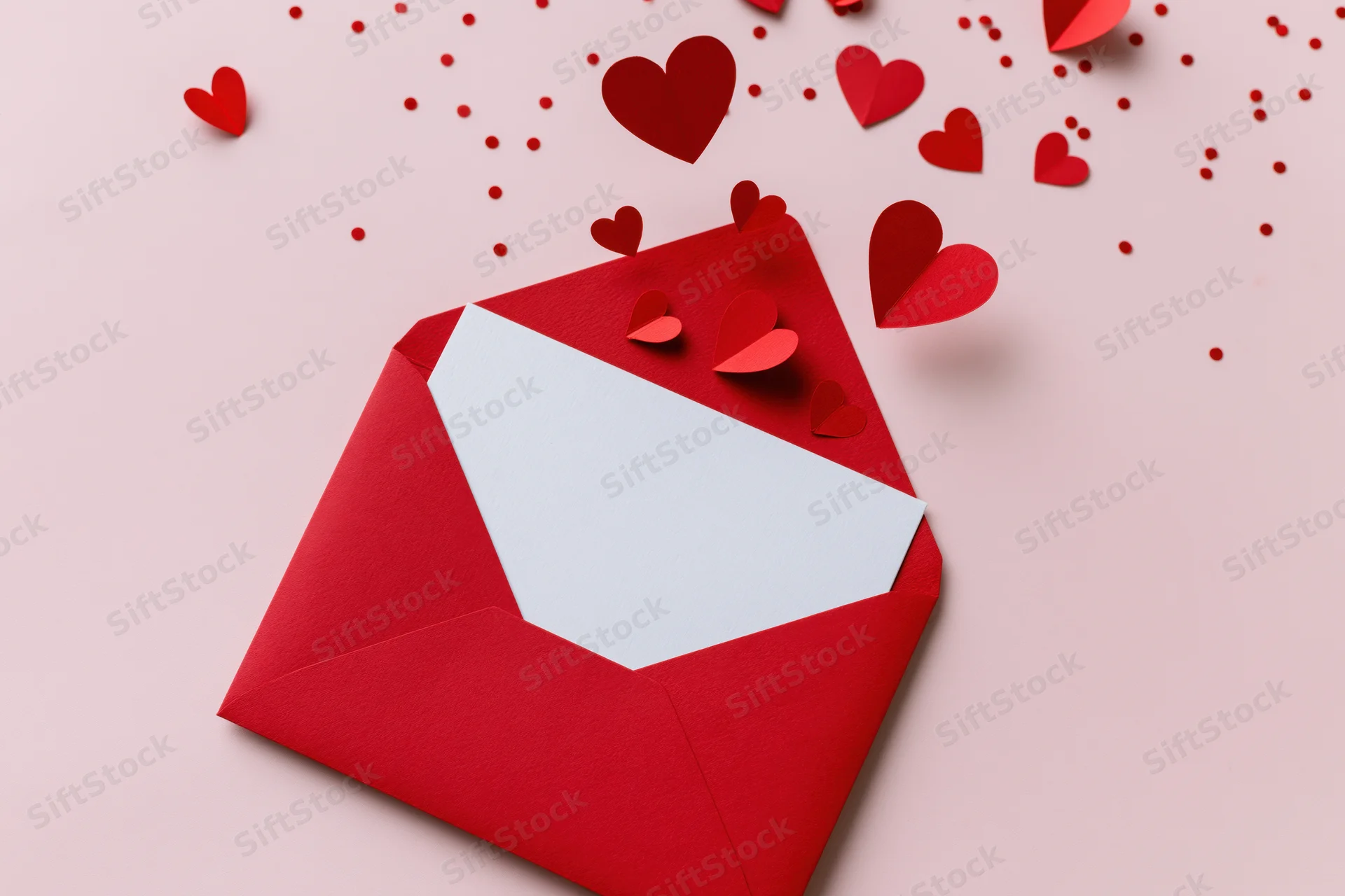 Open red envelope with white card and scattered paper hearts on pink surface