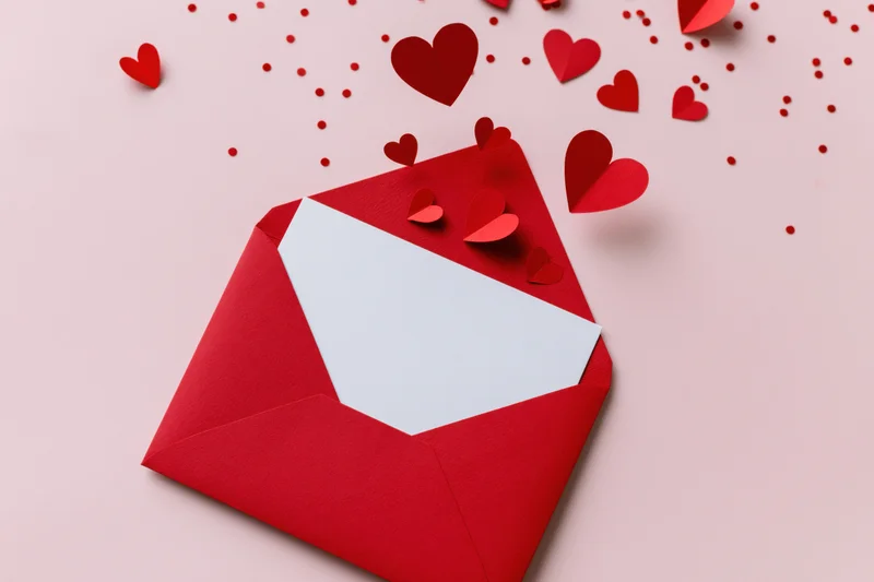 Open red envelope with white card and scattered paper hearts on pink surface