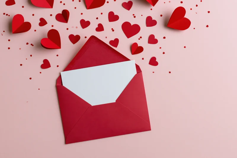 Open red envelope with white card and scattered paper hearts on pink surface