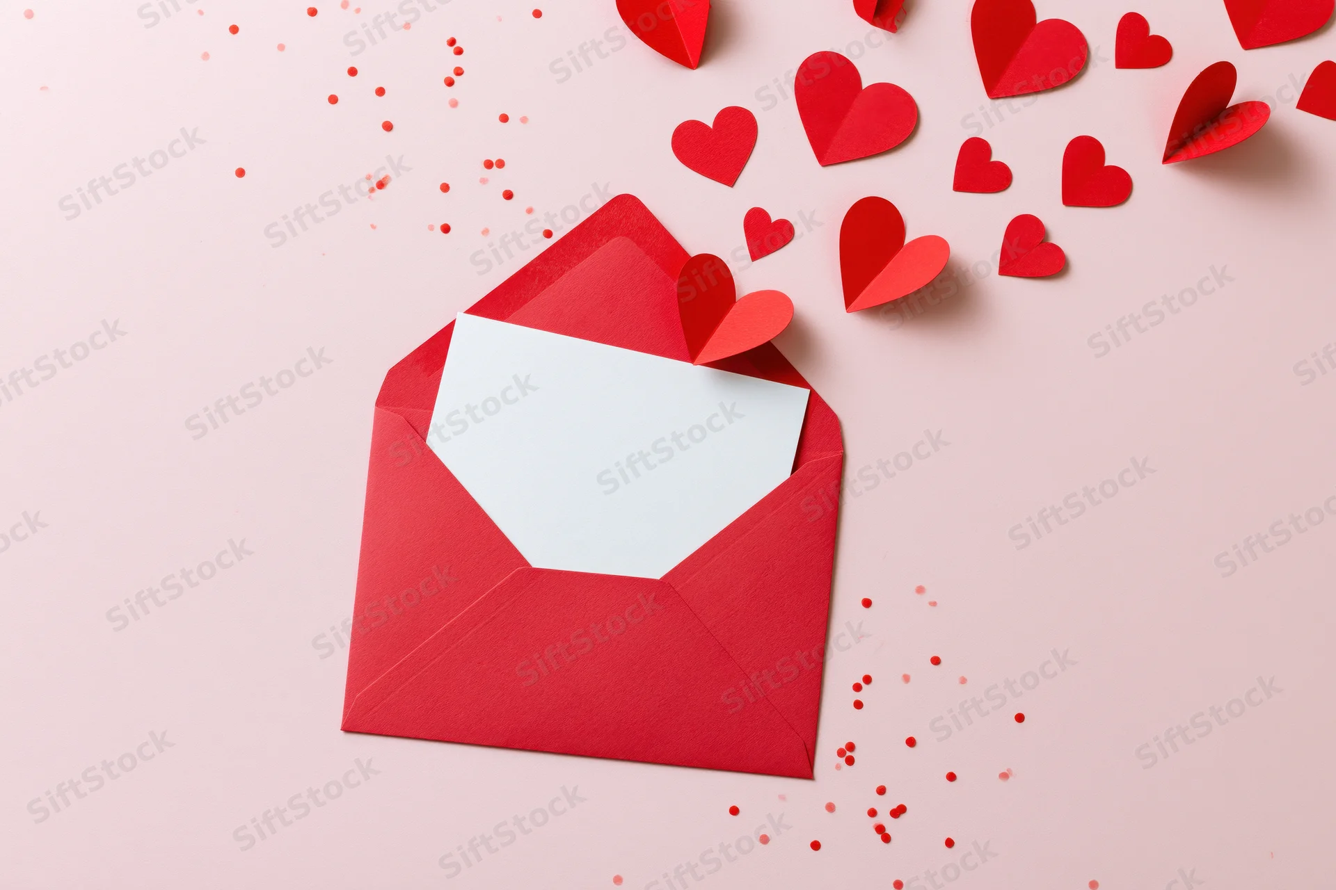 Open red envelope with white card and paper hearts on pink surface