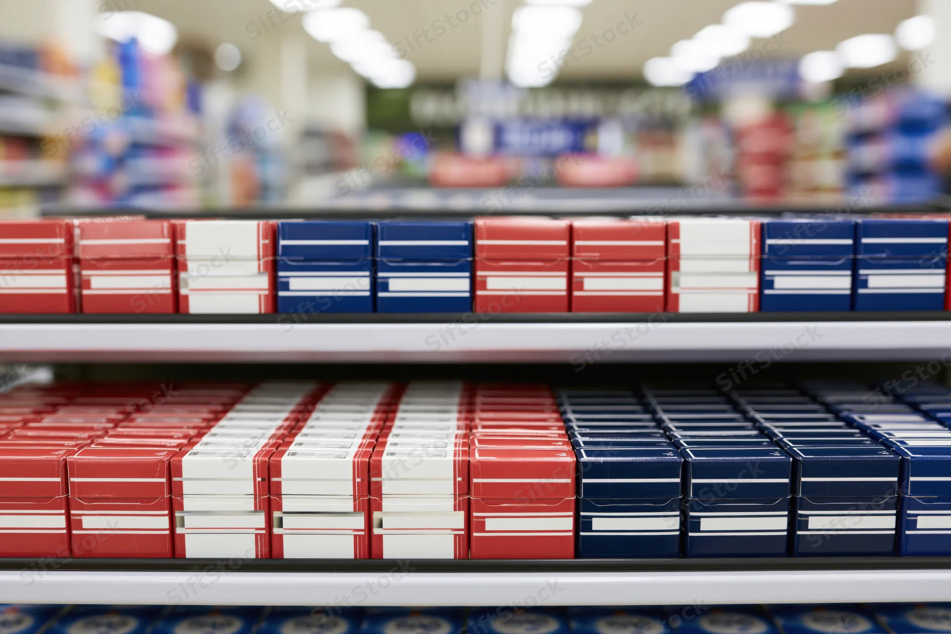 Cigarette packs arranged in rows on retail shelves in a store