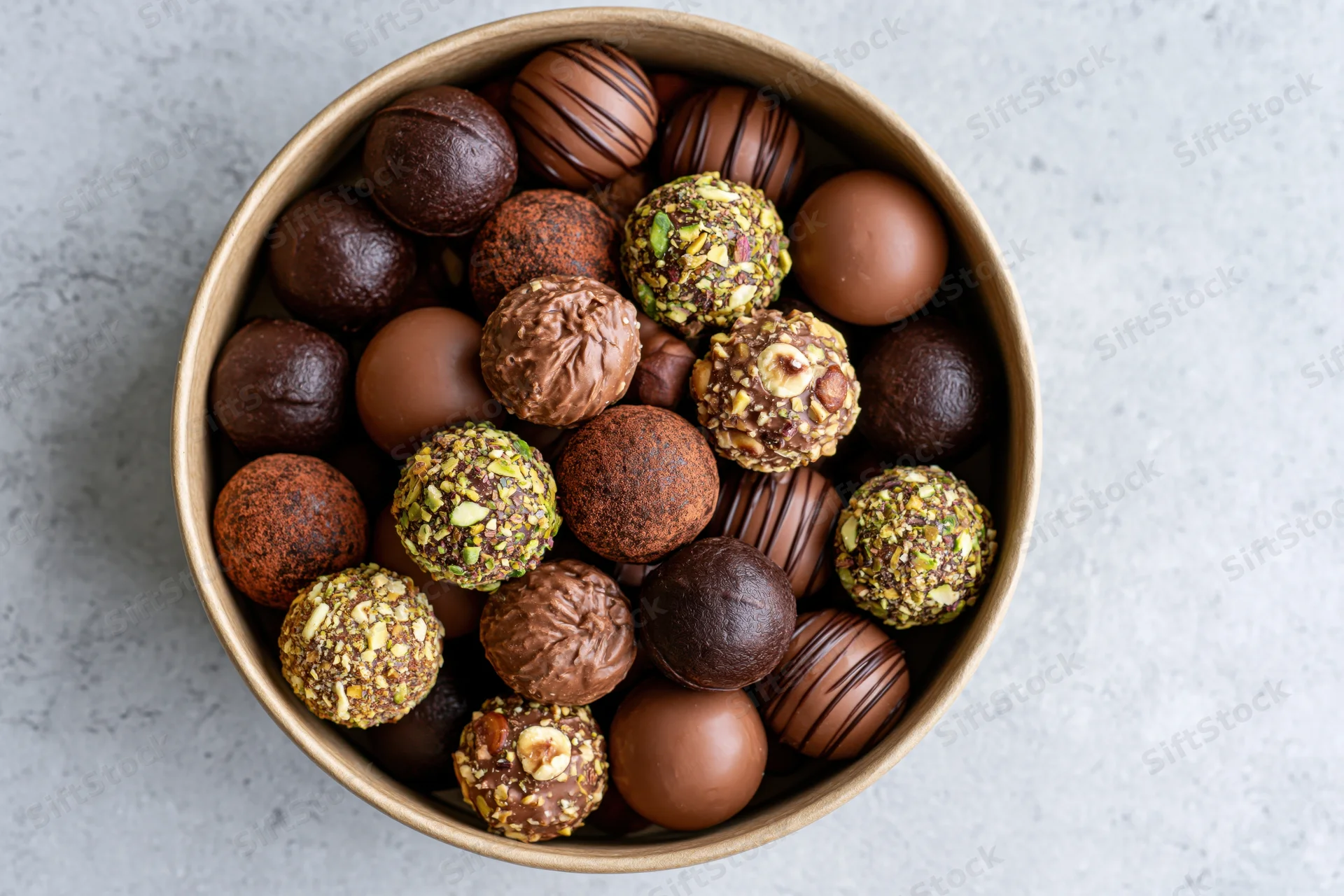 Assorted chocolate truffles in a round kraft paper gift box on a gray surface