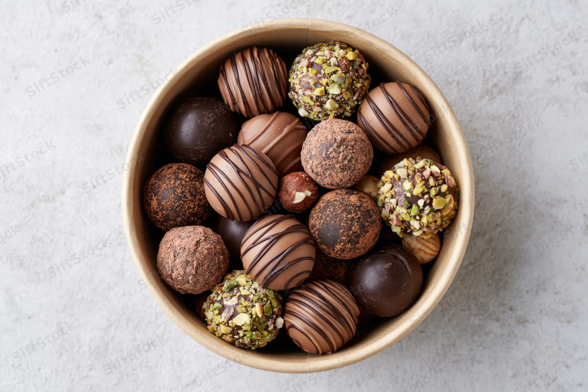 Assorted chocolate truffles in a round kraft paper gift box