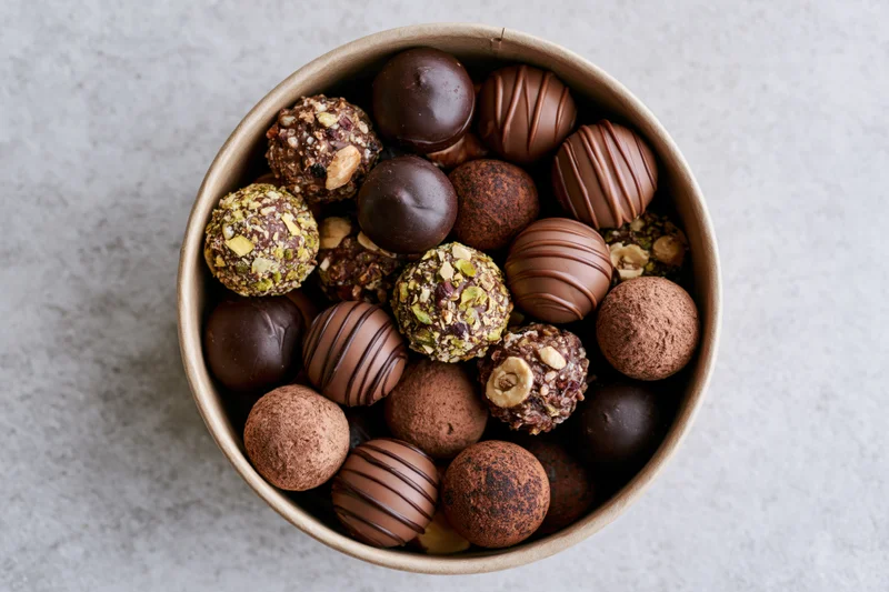 Assorted chocolate truffles in a round kraft paper gift box