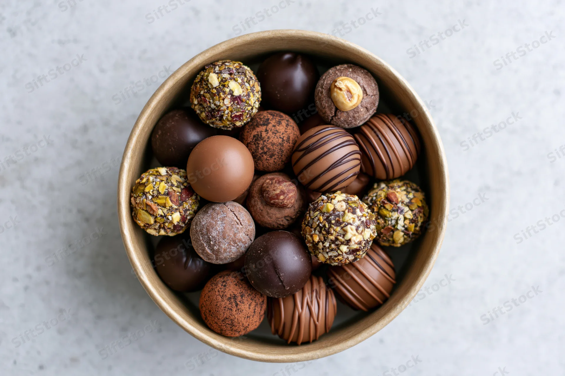 Assorted chocolate truffles in a round kraft paper bowl on a light surface