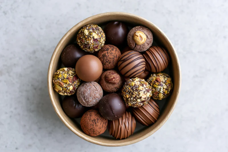 Assorted chocolate truffles in a round kraft paper bowl on a light surface