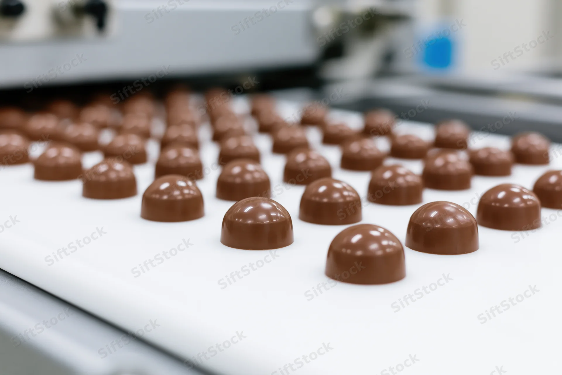 Dome-shaped chocolate candies moving in rows along a conveyor belt in a factory