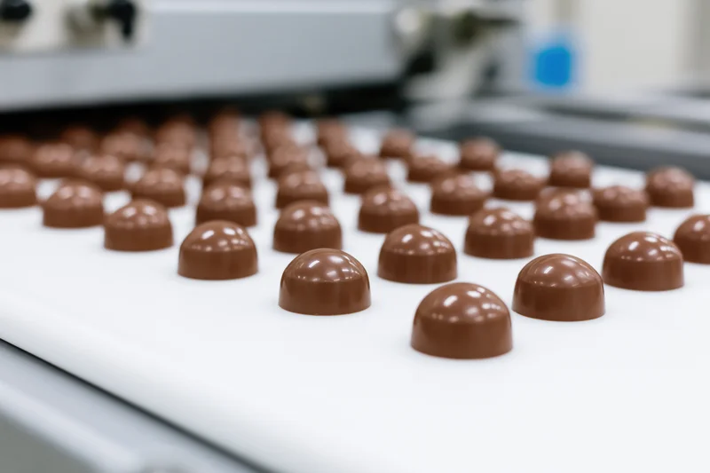 Dome-shaped chocolate candies moving in rows along a conveyor belt in a factory