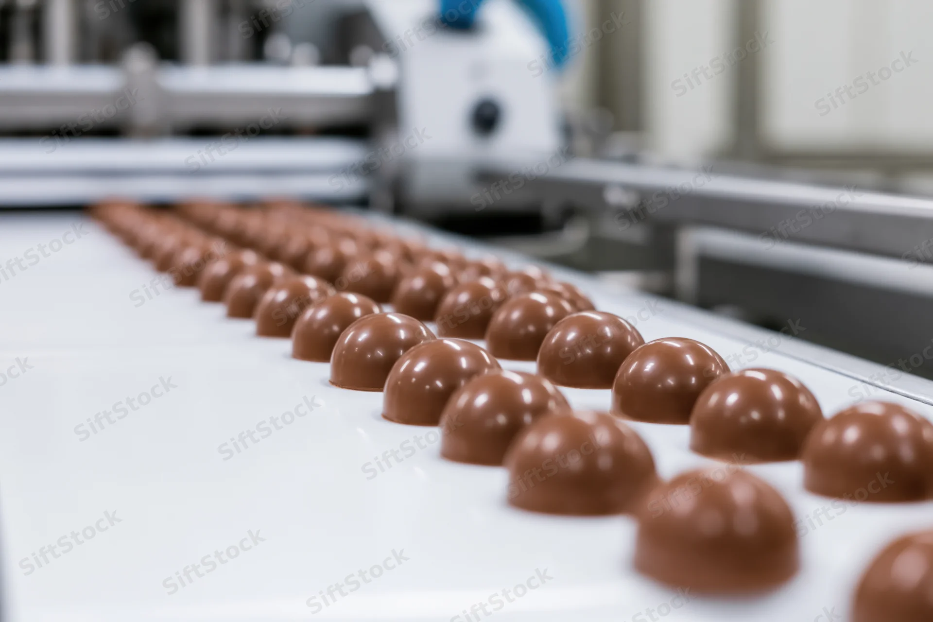 Rows of dome-shaped chocolate candies moving along a conveyor belt in a factory