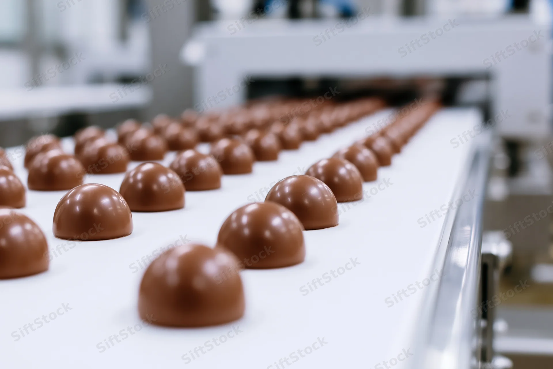 Dome-shaped chocolate candies moving in rows along a conveyor belt in a factory