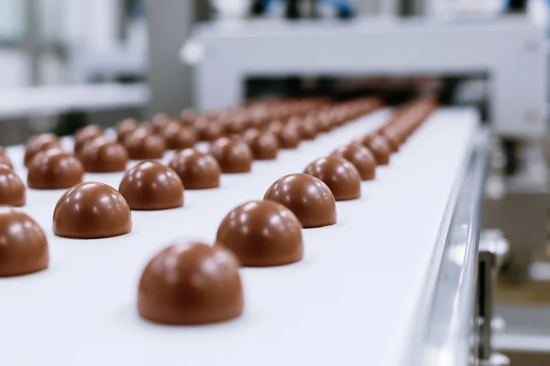 Dome-shaped chocolate candies moving in rows along a conveyor belt in a factory