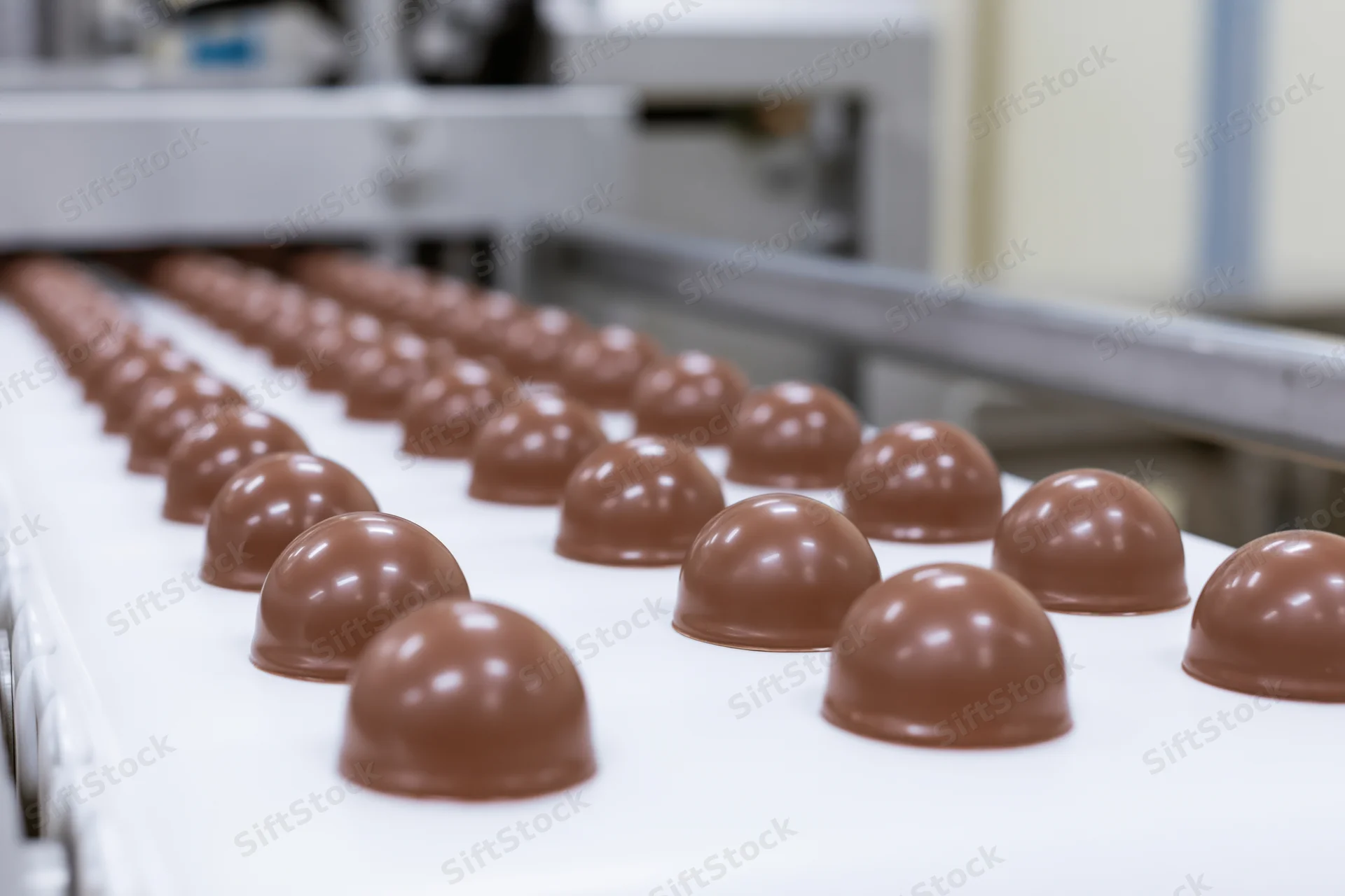 Dome-shaped chocolate candies moving in rows along a conveyor belt in a factory