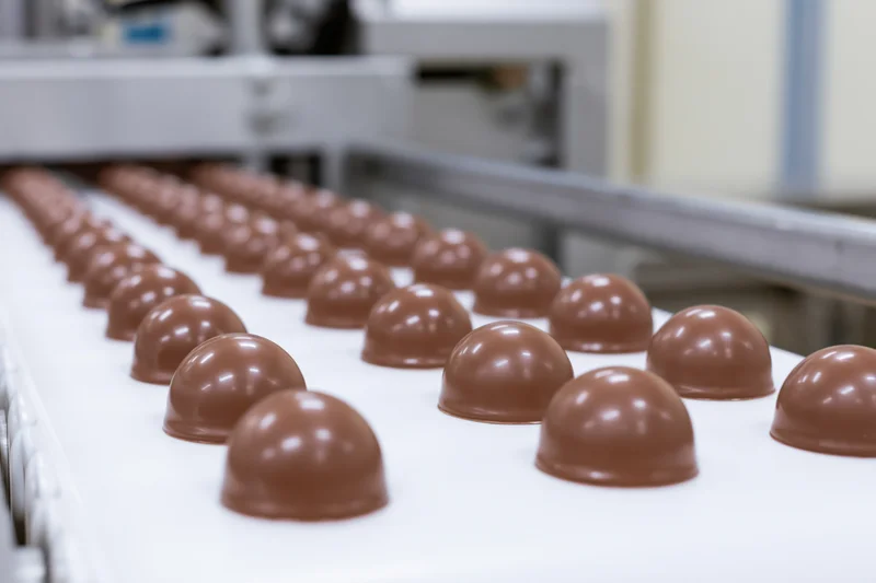 Dome-shaped chocolate candies moving in rows along a conveyor belt in a factory