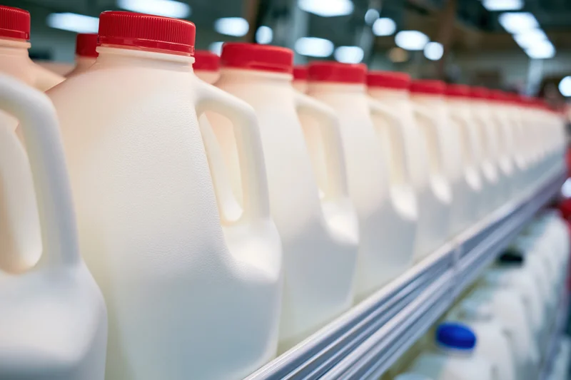 Rows of one-gallon plastic milk jugs with red caps on a conveyor line in a dairy processing factory