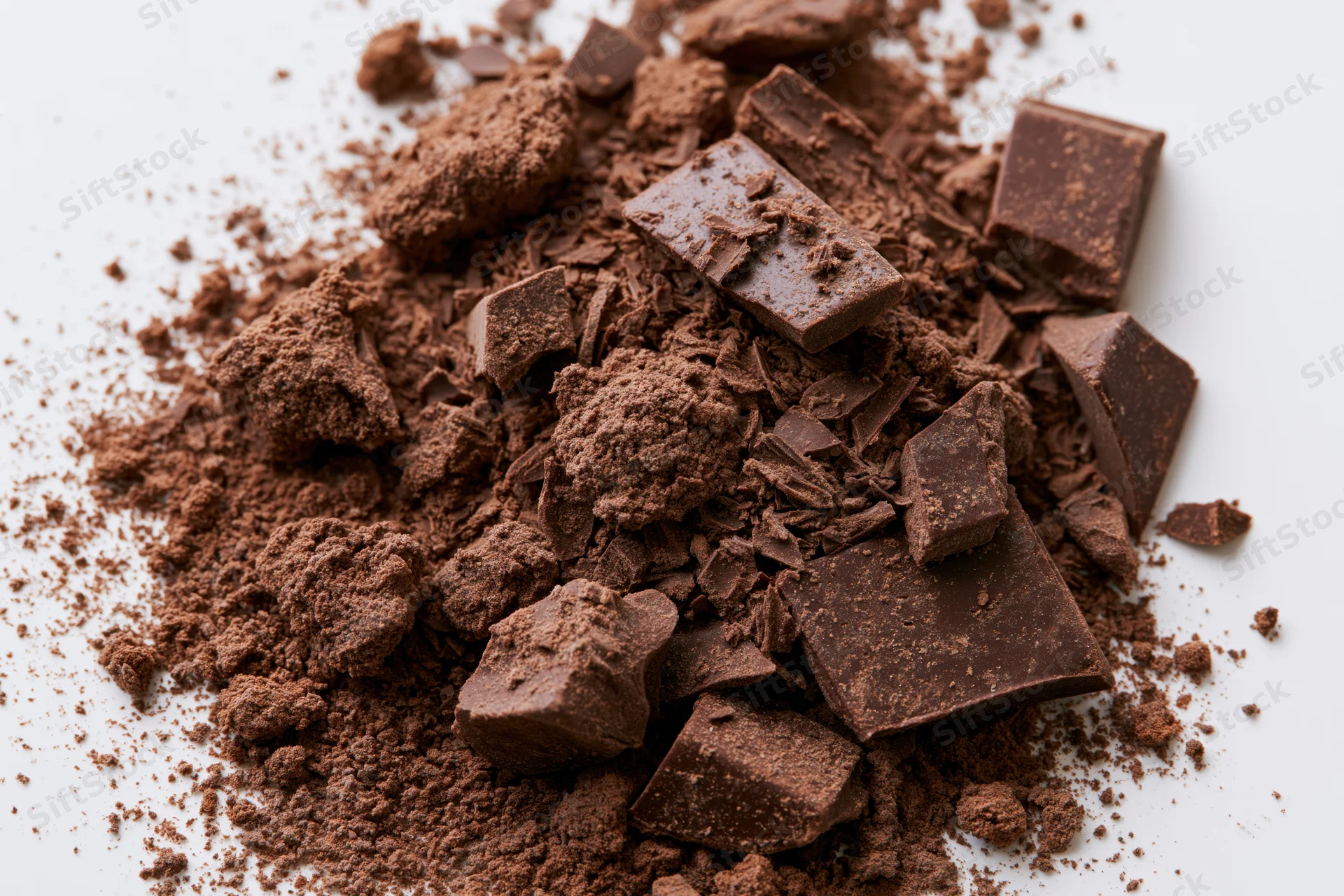 Scattered dark chocolate shavings and broken chunks on white surface