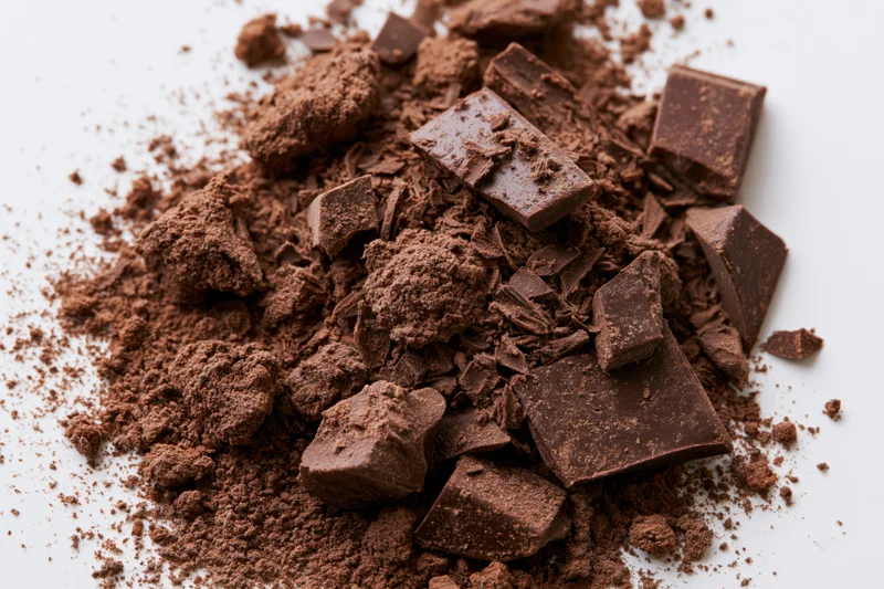 Scattered dark chocolate shavings and broken chunks on white surface