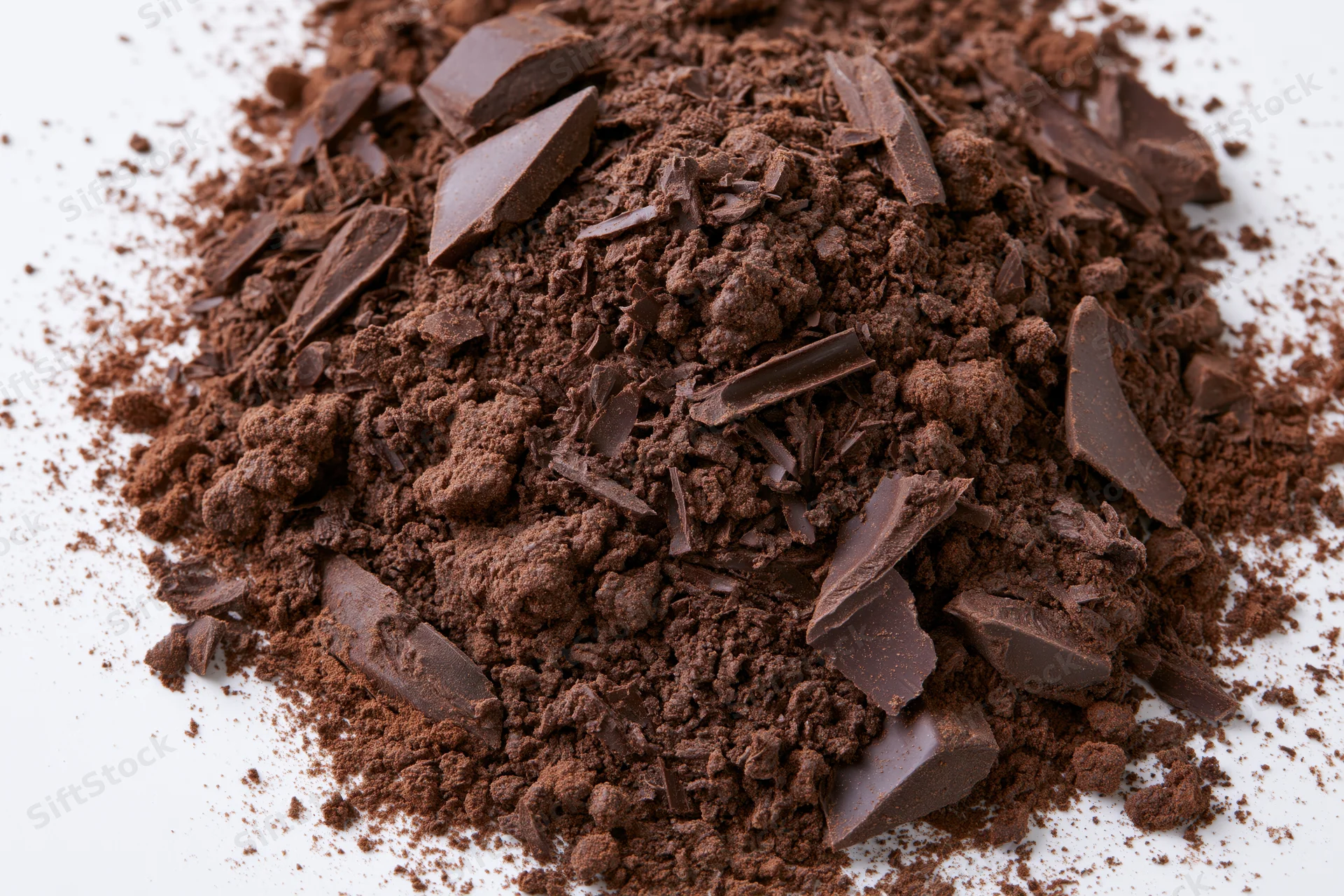 Scattered dark chocolate shavings and broken chunks on surface