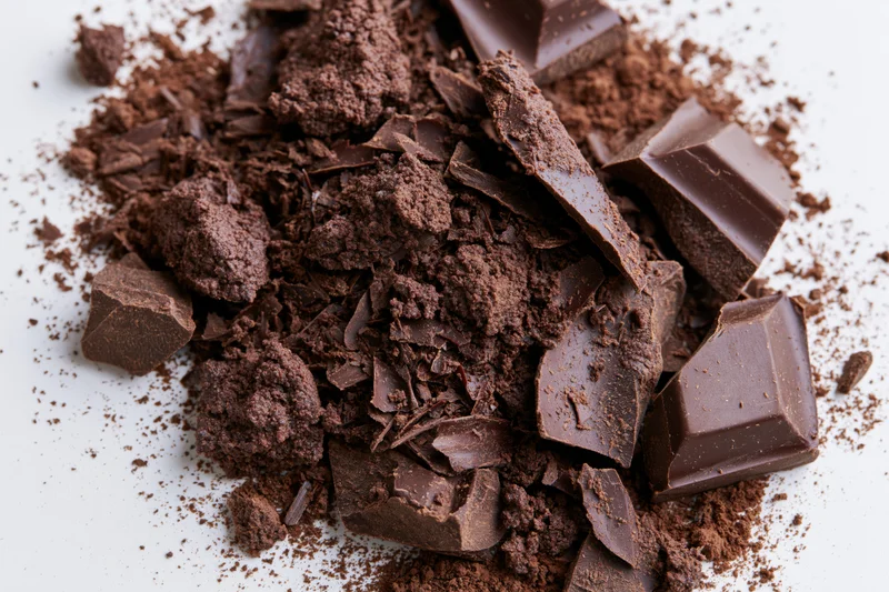 Dark Chocolate Chunks Displayed with Cocoa Powder on White Surface
