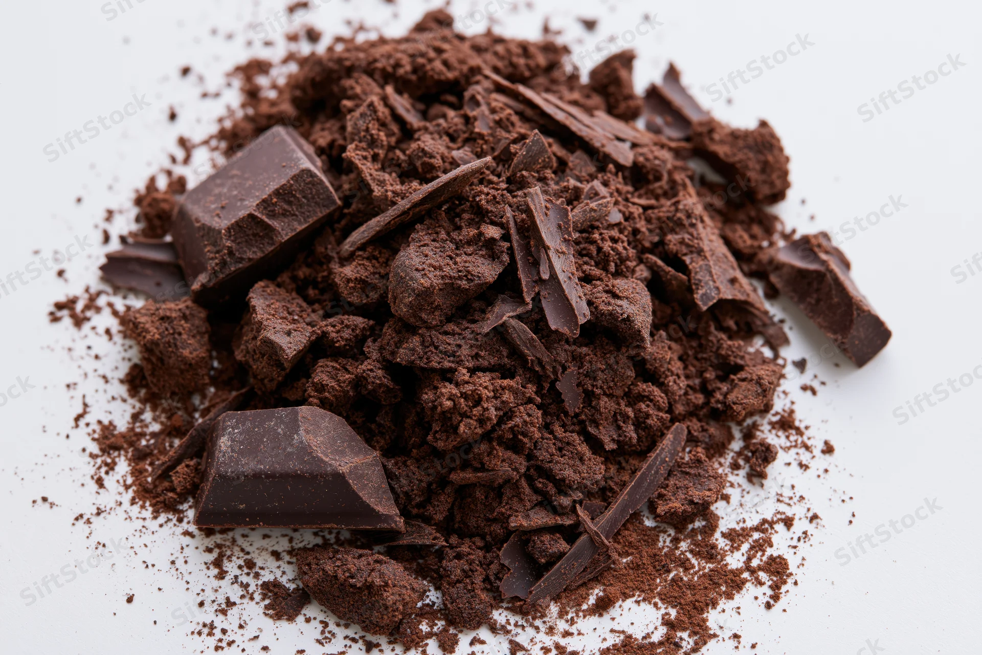 Scattered dark chocolate shavings and broken chunks on white background