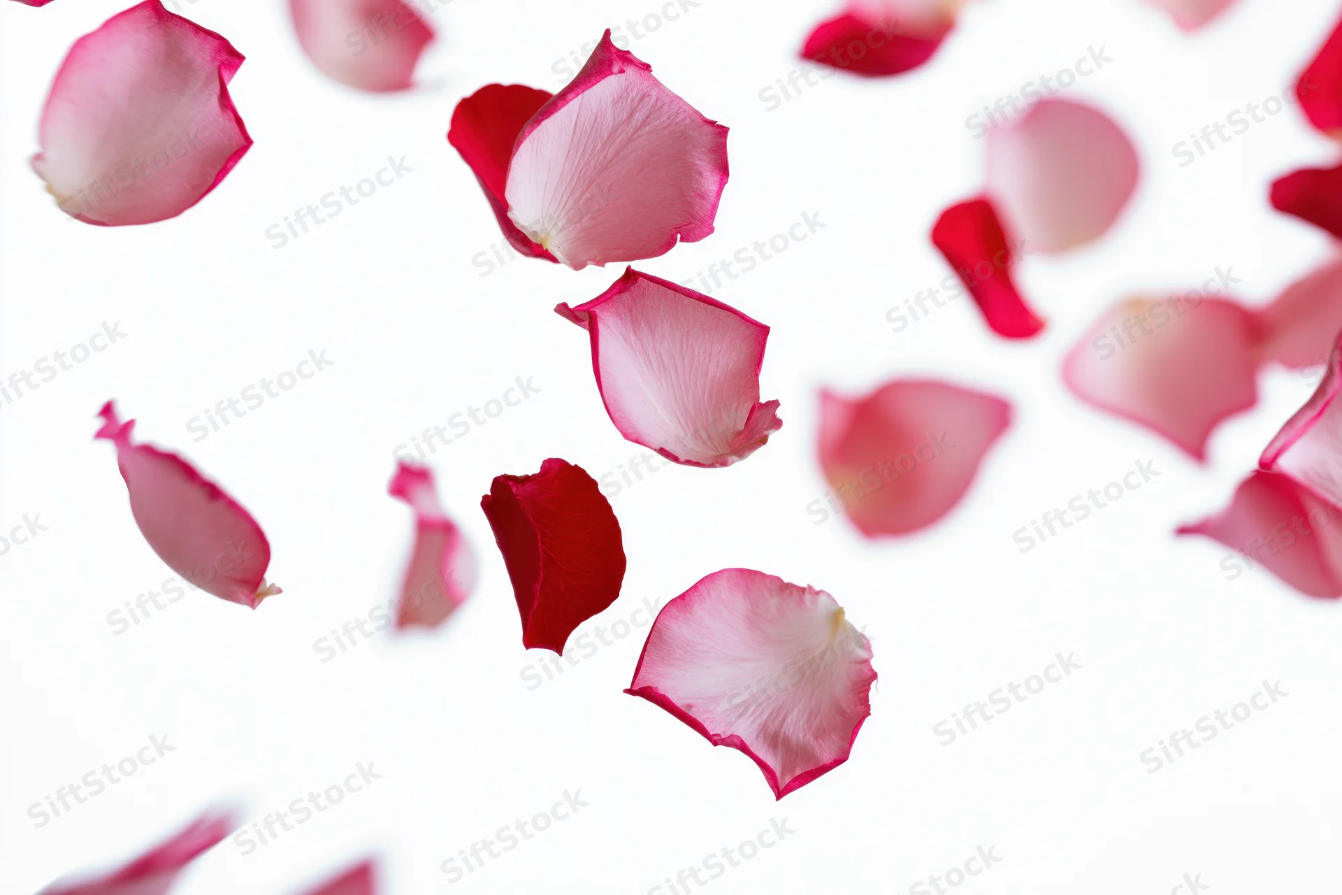 Rose petals floating and falling against a white background