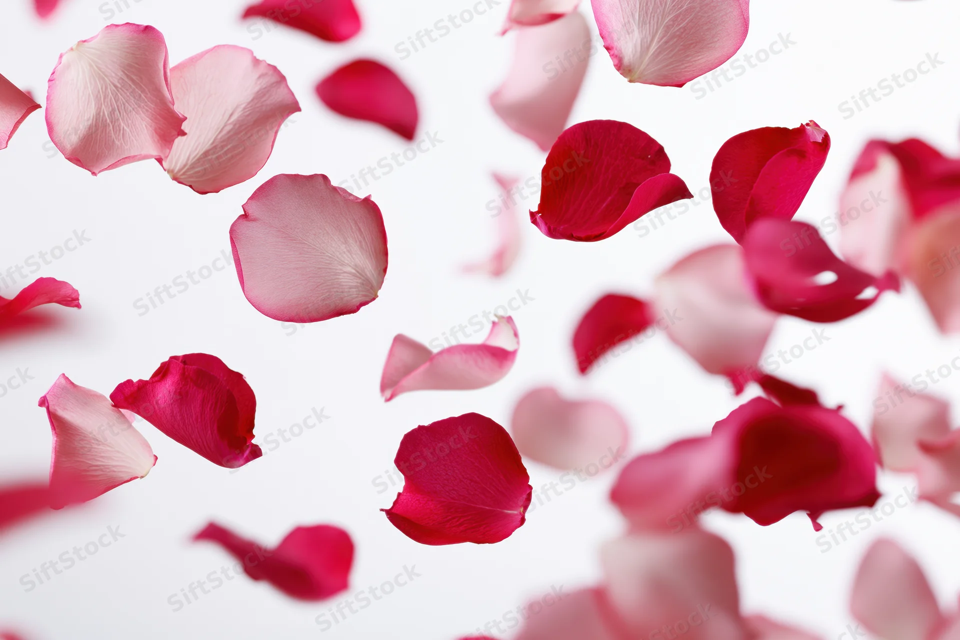 Rose petals floating and falling against a white background