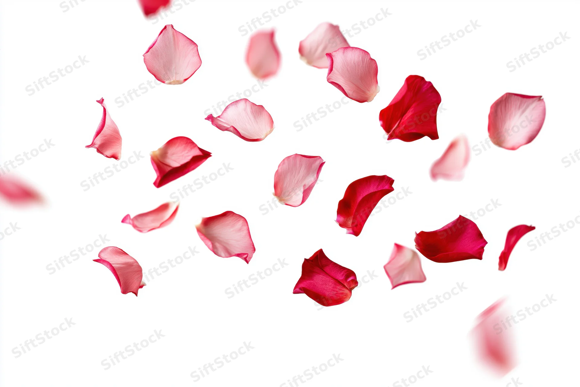Rose petals floating and falling against a white background